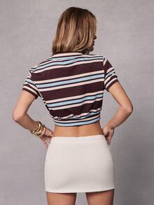 Hauture Women's Short Sleeve Single-Breasted Cropped Casual Striped T-Shirt - Multicolor - View 2