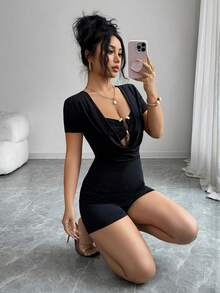 Selianne 女款黑色夏季性感時尚夜店連身褲，優雅垂領深V領 2 合 1 金屬扣收腰造型 - 黑色 - 查看 6