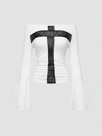 Gothic Kreuz Flockdruck Ausschnitt Slim Fit Damen T-Shirt