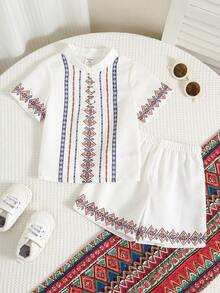SHEIN 2pcs Baby Boys Vintage Floral Print Mandarin Collar Short Sleeve Shirt And Shorts Set, Spring/Summer - White - View 7