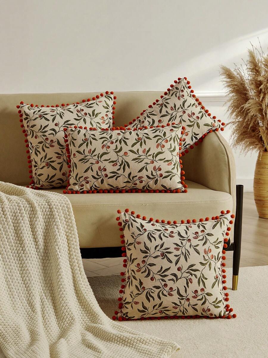 1/2 Vỏ gối họa tiết lá cây và quả, kiểu dáng retro, chất liệu jacquard chenille, thích hợp sử dụng hàng ngày trong nhà, trên ghế sofa, giường ngủ, làm vỏ gối trang trí, phù hợp cho mùa xuân, hè, thu và đông, dùng được quanh năm (không bao gồm ruột gối). - trắng - Xem 1