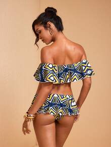 JIAN LASALA All-Over Print Knit Jersey Off-Shoulder Ruffle Top And Panties Set Women Holiday Vacation Wear - Multicolor - View 2