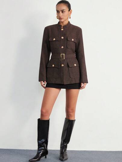 Aveloria Modichic Fashionable Design Sense Casual Commute Workwear Stand Collar Belt Decor Pocket Design Slim Fit Herringbone Long Sleeve Blazer