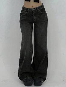 SHEIN 少女日常通勤休闲宽松阔腿牛仔裤 - 黑色 - 查看 1