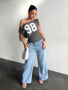 SHEIN SXY Áo thun nữ in số, kiểu dáng lệch vai, thích hợp cho lễ hội, tiệc tùng, rave, mùa hè, mùa xuân, đi biển, đi chơi, phong cách Y2K gợi cảm. - Xám - Xem 5