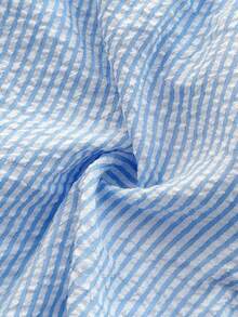 SHEIN Playful Pals 女婴休闲时尚学院风条纹泡泡袖衬衫裙，适合春夏外出和日常穿着，学校风格 - 藍色 - 查看 6