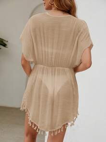 Swim Lushoire Tassel Trim Tie Front Sheer Kimono For Summer - Khaki - View 3