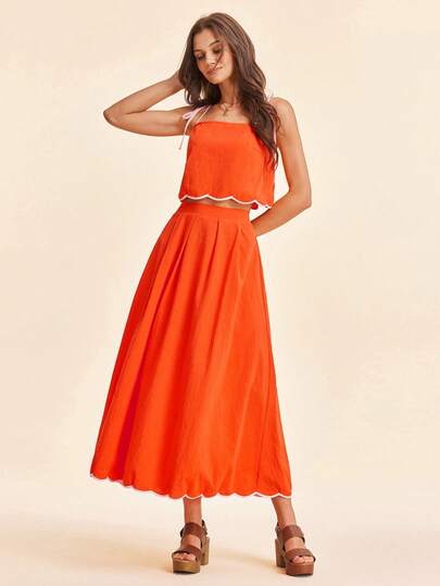 Coeurva Women's Fashion Vacation Romantic Elegant Outfits ,Women's Fashionable Casual Elegant Romantic Contrast Color Trim Orange 2 Pieces Set, Spring/Summer Women Orange Outfit Orange Two Piece Dress Orange Vacation Outfit Orange Summer Dress Orange Sundress Orange Vacation Dress Orange Maternity Dress Women Dresses Orange