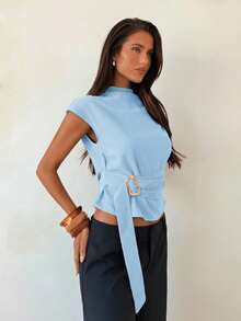 Aloruh Light Blue Pleated Metal Buckle Decor Elegant Casual Office Summer Shirt - Blue - View 5