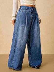 SHEIN Tall CURVE Plus Size Women's Fashion Wide Leg Pockets Jeans - Medium Wash - View 3