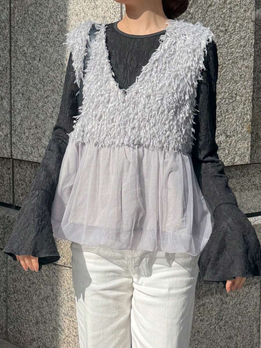 FRIFUL 女士黑色无袖拼接绒面褶皱设计宽松休闲百搭叠穿背心，秋季款 - 灰色 - 查看 1