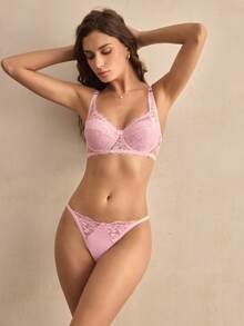 Charlaine 1件装女士浪漫蕾丝文胸，性感薄款内衣，简约文胸 - 粉色 - 查看 7