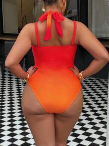 Swim Vcay Plus Size One-Piece Ombre Placement Print Halter Swimsuit, Suitable For Summer Beach Vacation - Multicolor - View 2