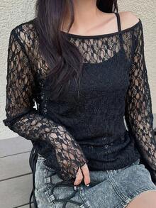 FRIFUL Women's Solid Black Sheer Lace Fabric Layered Slim Fit Versatile Blouse - Black - View 7