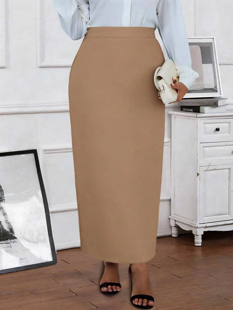 Plus Size Women's Summer Casual Vacation Solid Color High Waist Long Casual/Office Skirt,Spring Break, Vacation Women, Holiday For Women,Going Out,2026 New,Simple And Fashionable For Everyday Wear, Khaki Skirt Women, Elegant Skirt, Skirt For Women