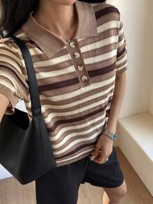 Livesso 彩色条纹撞色拼接宽松商务休闲时尚女式Polo衫套头短袖针织衫，春夏款 - 棕色 - 查看 1
