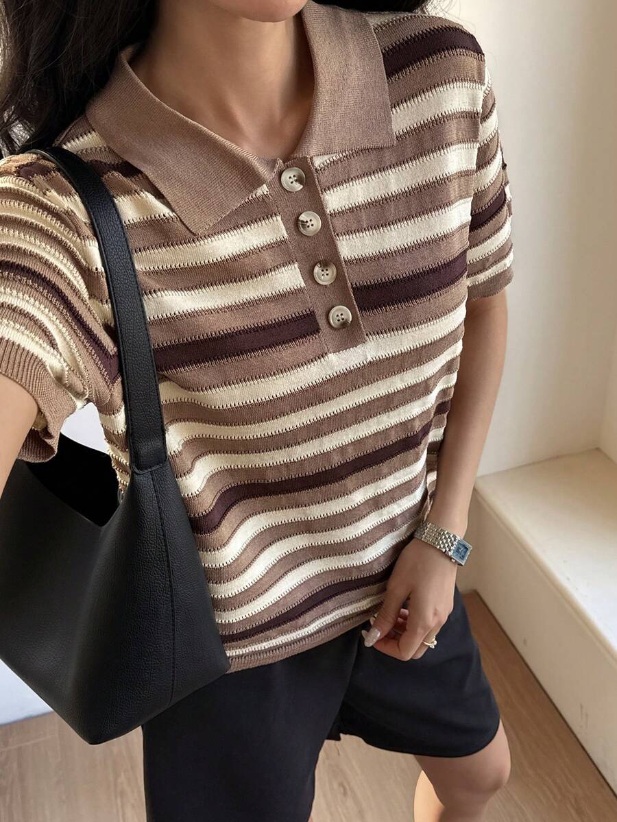 Livesso 彩色条纹撞色拼接宽松商务休闲时尚女式Polo衫套头短袖针织衫，春夏款 - 棕色 - 查看 1