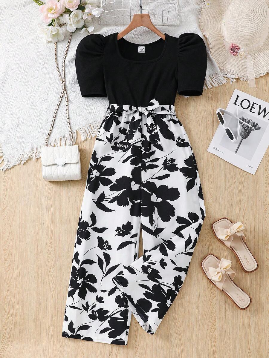 SHEIN Mono informal de niña preadolescente con parches de unicolor, tejido y patrón geométrico tejido - Negro - Ver 1