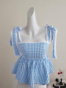 Elamini Áo camisole nữ kiểu dáng ngọt ngào và dễ thương, họa tiết kẻ caro, dây buộc, dây đeo dày. - Màu xanh lam - Xem 4