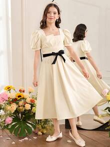 Serisse Kids 少女撞色泡泡袖收腰休闲连衣裙 - 白色 - 查看 3