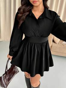 Vionelle 大码纯色收腰长袖梭织衬衫领连衣裙，秋冬黑色优雅连衣裙长袖领连衣裙大码黑色连衣裙领连衣裙女式大码连衣裙大码连衣裙大码黑色优雅连衣裙长袖黑色连衣裙女式黑色连衣裙黑色迷你连衣裙女式黑色连衣裙 - 黑色 - 查看 3
