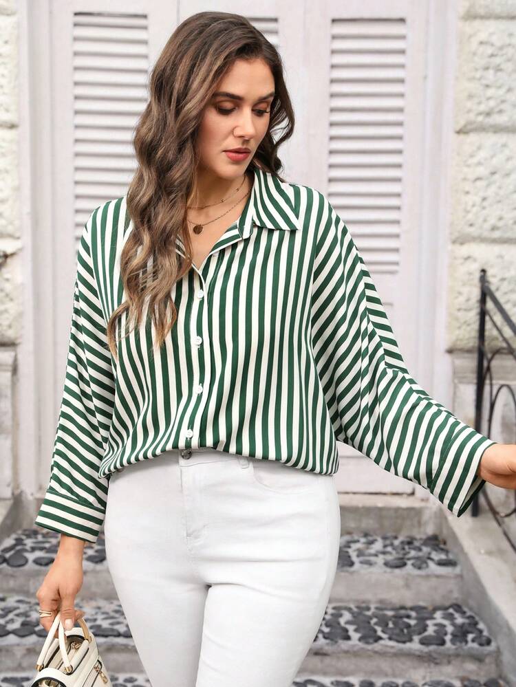 Plus Size Women's Casual Vacation Striped Print Loose Long Sleeve Shirt, Spring/Autumn/Summer Women Blouses Elegant Stripe Top Striped Blouse Summer For Women Beach Holidays Stripe Shirt Casual Blouse Green Shirts For Women