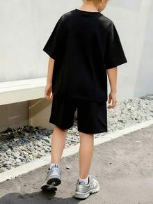 Fantacosmos 男童印花T恤裤套装（2件套），时尚欧美街头风，春夏款 - 黑色 - 查看 3