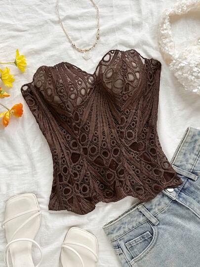 Soleia Top corset ajustado con encaje de doble capa sin tirantes, body bordado hueco, estilo vanguardista sexy para vacaciones, talla grande, para mujeres, verano, vacaciones, fiesta, playa, carnaval.