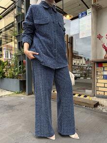 DAZY Spring/Summer Romantic Design Loose Casual Commute Elegant Blue Shirt And Straight Leg Jeans Women 2-Piece Suit - Blue - View 6