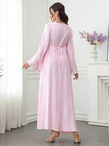 Al Najma Vestido con cuello redondo y mangas acampanadas, con decoración bordada y de lentejuelas, con bajo acampanado, de estilo árabe y colorido - Rosa - Ver 2