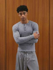 TOKVUE 男士休闲罗纹针织亨利领长袖T恤，纯色，适合日常通勤，春秋季百搭 - 灰色 - 查看 4