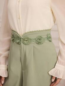 Modelyn Women's Romantic Floral Ribbon Waist Loose Fit Casual Pants - Green - View 4