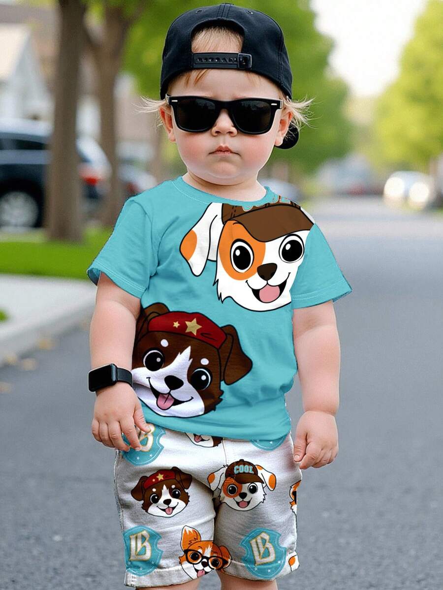2 Stücke WELPEN Kinder Grafik Lässig Rundhals Kurzarm T-Shirt und Shorts Set, geeignet für den Sommer - Verschiedenfarbig - Übersicht 1