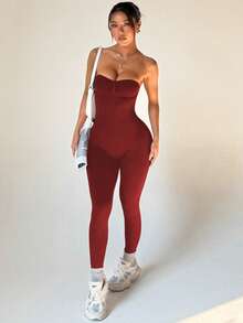 Dewbera 女士无缝露背酒红色连体衣 - 酒紅色 - 查看 3