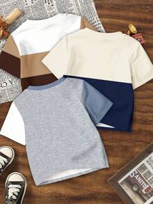 3pcs/Set Young Boys' Casual Cool Classic Color Block Patchwork, Small Logo Print Comfortable Short Sleeve T-Shirts, Suitable For Spring/Summer - Multicolor - View 2