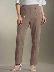 SHEIN Clasi Plus Size Double Metal Decor Button Straight Leg Pants, Elegant For Commuting And Outings - Rust Brown - View 3