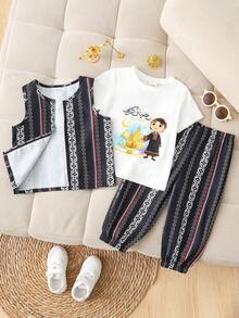 Baby Boy/Girl Unisex Infant Toddler 0-3Y Cartoon Print White Knit Crew Neck Short Sleeve T-Shirt & Elastic Waist Striped Woven Pants & Striped Woven Vest, Suitable For Casual Activities, Festivals, Evening Events, Spring/Summer Outdoor Leisure - Multicolor - View 1