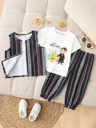 Baby Boy/Girl Unisex Infant Toddler 0-3Y Cartoon Print White Knit Crew Neck Short Sleeve T-Shirt & Elastic Waist Striped Woven Pants & Striped Woven Vest, Suitable For Casual Activities, Festivals, Evening Events, Spring/Summer Outdoor Leisure