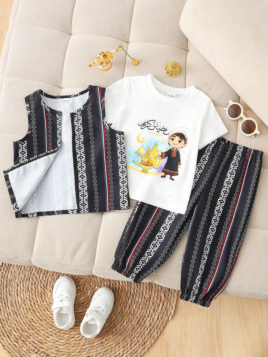 Baby Boy/Girl Unisex Infant Toddler 0-3Y Cartoon Print White Knit Crew Neck Short Sleeve T-Shirt & Elastic Waist Striped Woven Pants & Striped Woven Vest, Suitable For Casual Activities, Festivals, Evening Events, Spring/Summer Outdoor Leisure - Multicolor - View 1