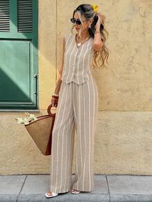 SHEIN Frenchy 女士休闲条纹纽扣前开襟背心和裤子两件套，夏季 - 棕色 - 查看 4