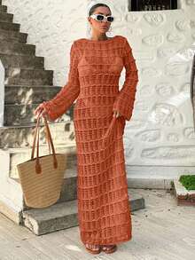 EURMUSE Vacation Beach Solid Color Hollow Out Knit Dress - Camel - View 4