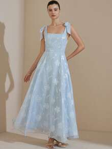 Aveloria Modichic French Design Luxurious High-End Jacquard Camisole Strap Tie Waist Flared Hem Sleeveless Dress - Blue - View 4