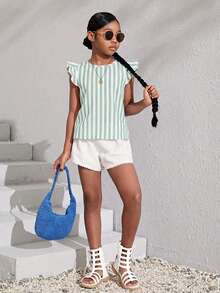 Tween Girls' Striped Cap Sleeve Casual Vacation Shirt, Spring/Summer - Green - View 4