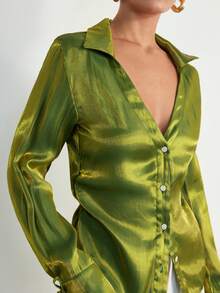 Aveloria Modichic French Minimalist Commuter Bow Decor V-Neck Long Sleeve Blouse, Versatile & Shiny Material - Olive Green - View 1