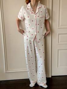SHEIN Napfluff Bubble Wrinkle Cherry Plaid Print Short Sleeve Pajama Set - Beige - View 1