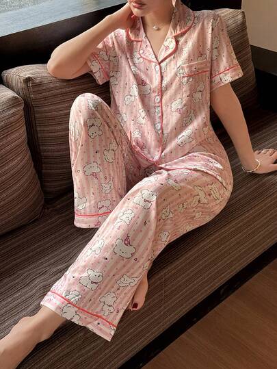 SHEIN Napfluff Bubble Wrinkle Cute Puppy Print Short Sleeve Pajama Set