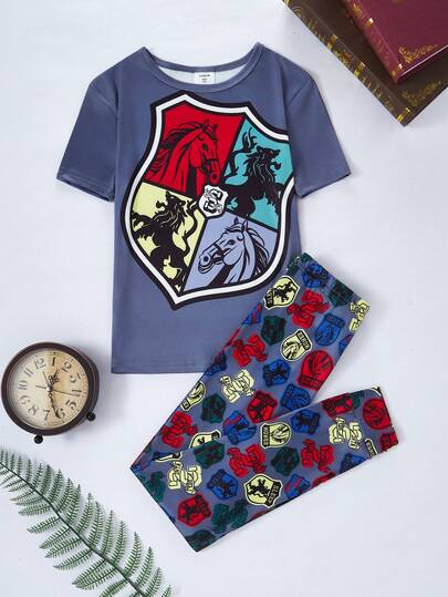 Conjunto de pijama de pantalón y top de manga corta con gráfico minimalista azul humo para niños, conjunto de vestir casual a juego para la familia, regalo festivo para niños
