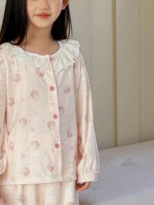 DAZY Young Girl Cartoon Print Long Sleeve Button-Up Top And Pants Pajama Set Spring - Apricot - View 9