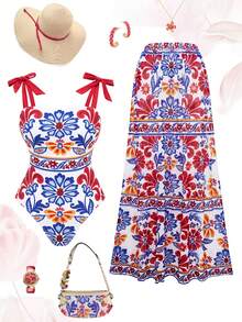 Swim Oasis 蝴蝶结肩带印花泳衣，带罩衫，性感连体比基尼，度假风 - 彩色 - 查看 1