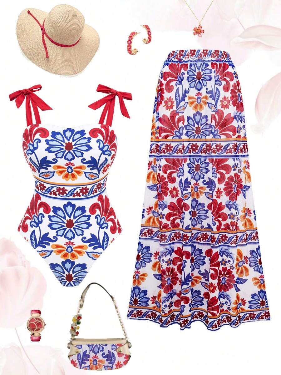 Swim Oasis 蝴蝶结肩带印花泳衣，带罩衫，性感连体比基尼，度假风 - 彩色 - 查看 1